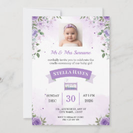 Lila Blommig Babyflicka Vagga Ceremoni Inbjudan