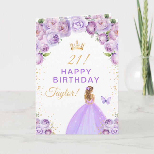 Lila Blommig Blond Hår Tjej Glad Födelsedag Kort (Framsida)