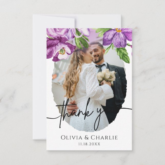 Lila Blommig Bröllopsfoto Tackkort Tack Kort (Framsida)