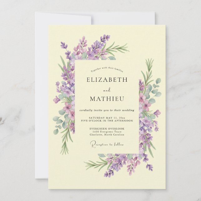 Lila Blommig Bröllopsutsmycknad Inbjudningar (Framsida)