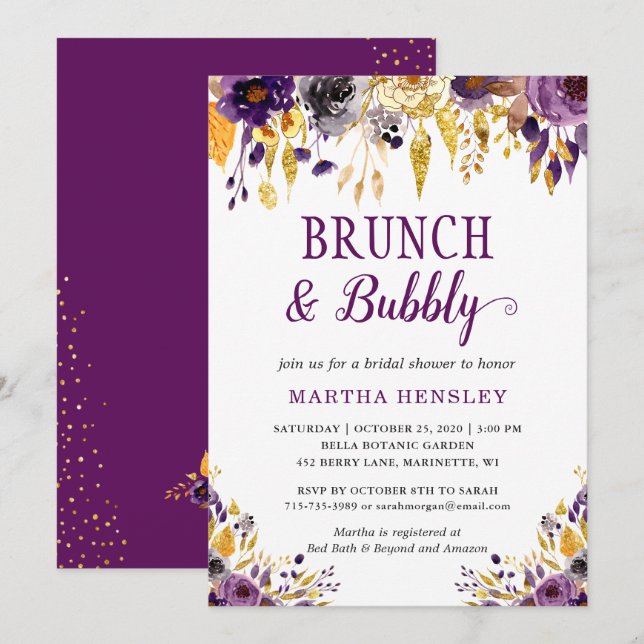Lila Blommig Brunch och Bubbly Inbjudan (Fram/baksida)