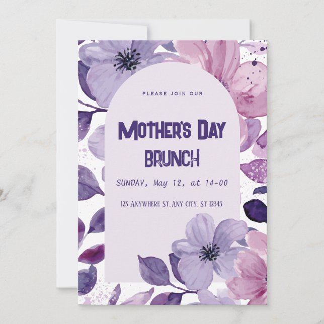Lila Blommig Brunchinbjudan i Vattenfärg Inbjudningar (Framsida)