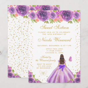 Lila Blommig Brunett Hår Prinsessa Sweet Sixteen Inbjudningar