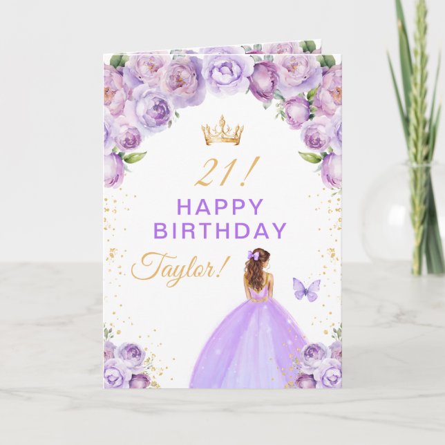 Lila Blommig Brunhårig Flicka Glad Födelsedag Kort (Framsida)