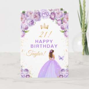 Lila Blommig Brunhårig Flicka Glad Födelsedag Kort