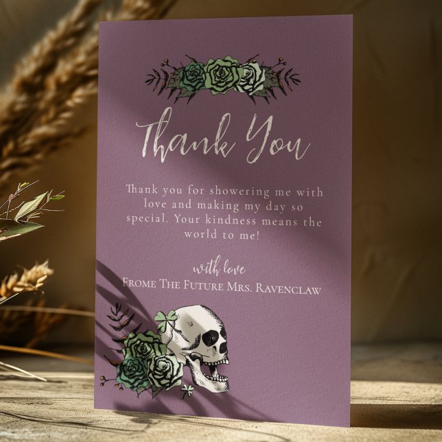 Lila blommig dödskalle rosor gotisk bröllopsdusch tack kort (Purple Irish Gothic Thank You Card for Bridal Shower or St. Patrick's Day. Hand Drawn Skull & Roses)