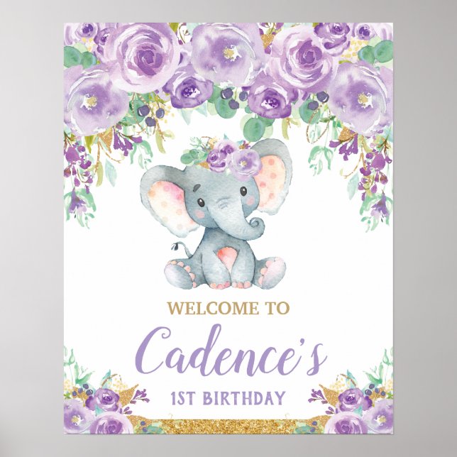 Lila Blommig Elefant 1-års Födelsedagsflicka Välko Poster (Framsidan)