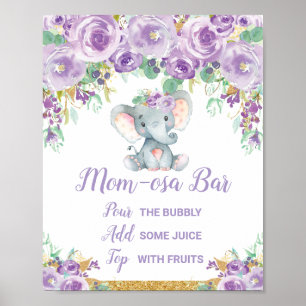 Lila Blommig Elefant Baby Shower Momosa Barskylt Poster
