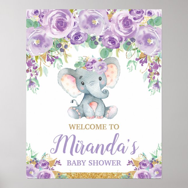 Lila Blommig Elefant Baby Shower Välkommen Poster (Framsidan)