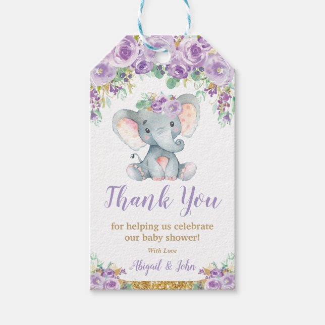 Lila Blommig Elefant Babyfirande Tack Presentetikett (Framsidan)