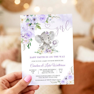 Lila Blommig Elefant Babykalasinbjudan Inbjudningar