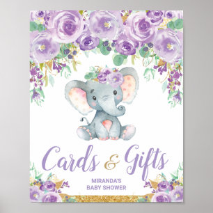Lila Blommig Elefant Bebis Shower Kort Gåvor Poster