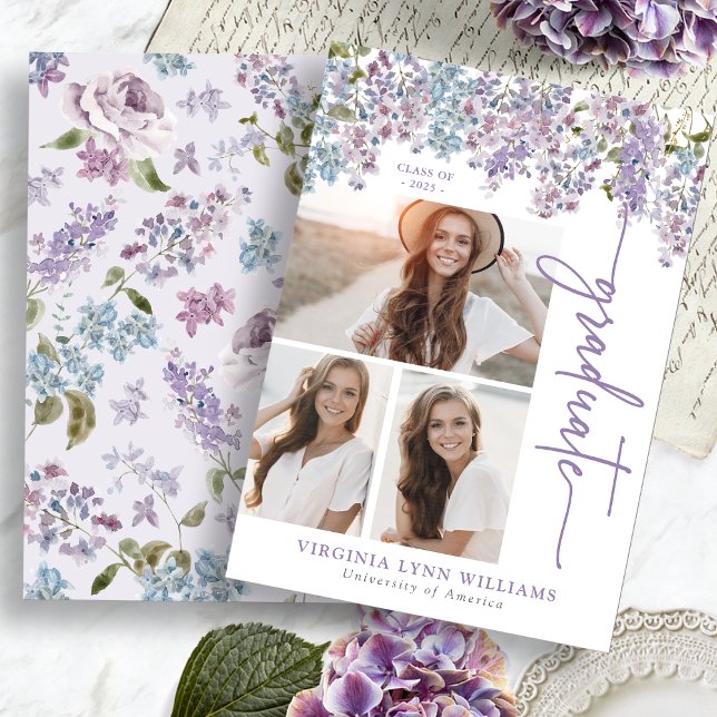 Lila Blommig Examen Meddelande (Watercolor Purple Floral Lilac Graduation Announcement by Painted Paperie
)
