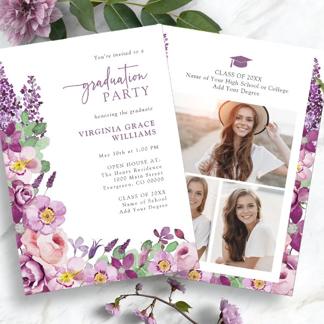 Lila Blommig Examenfest Inbjudningar (Elegant Purple Floral Graduation Party Invitation Photo Collage by Painted Paperie
)
