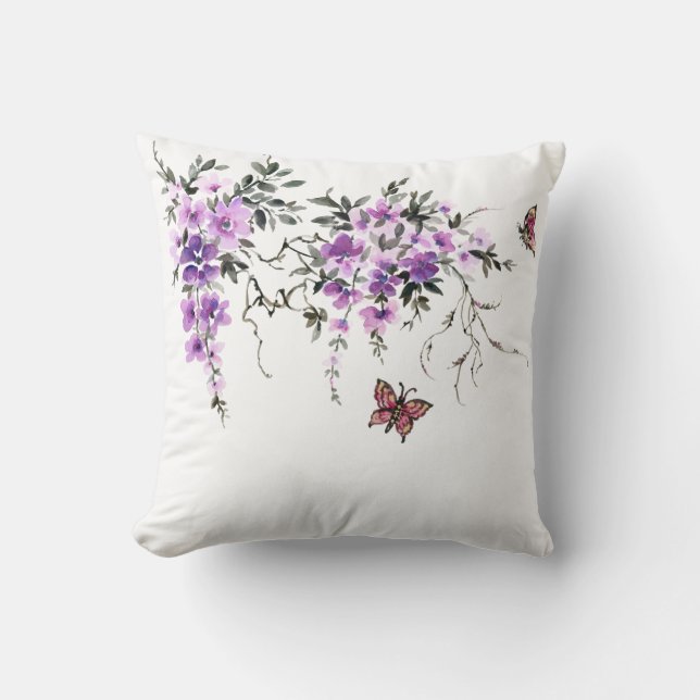 Lila Blommig Fjäril Kastkuddfodral Kudde (Framsida)