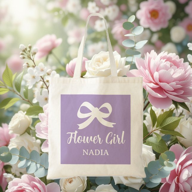 Lila blommig flicka toteväska för bröllop tygkasse (flower girl tote bag)