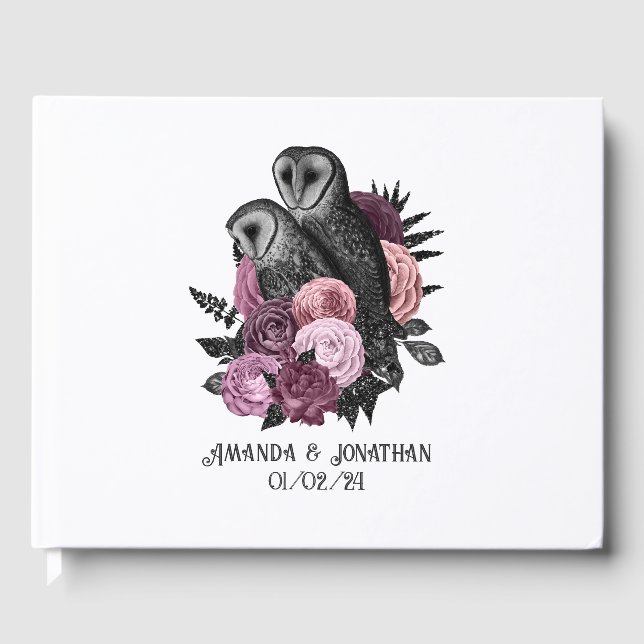 Lila Blommig Glam Gothic Ugglor Bröllop Gästböcker (Framsida)