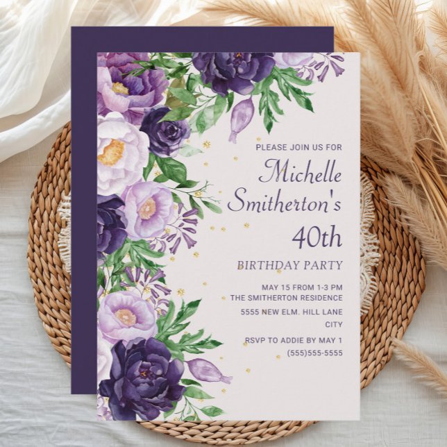 Lila Blommig Glitter 40-årsfirande Inbjudningar (Purple watercolor floral women's 40th birthday party invitation)