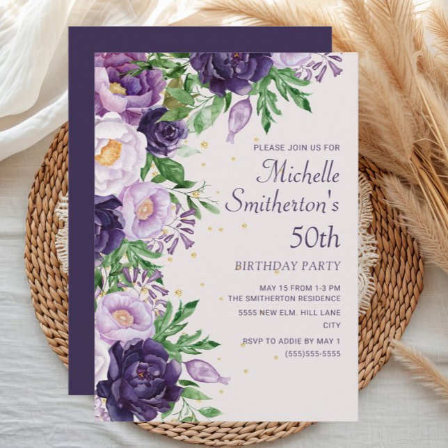 Lila Blommig Glitter 50-årsfirande Inbjudningar (Purple watercolor floral 50th birthday party invitation)