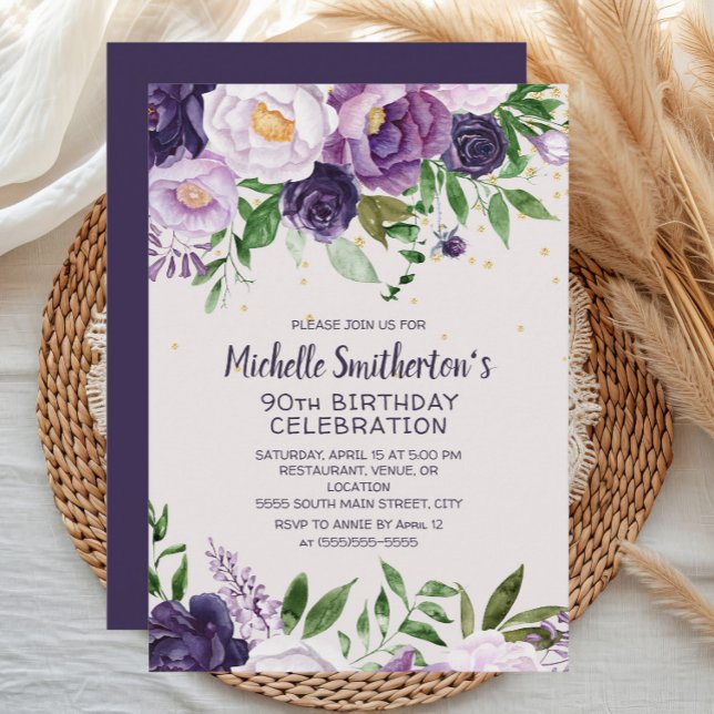 Lila Blommig Glitter 90-års Födelsedagsinbjudan Inbjudningar (Purple watercolor floral women's 90th birthday party invitation)
