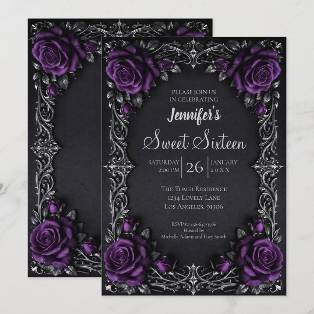 Lila Blommig Gothic Sweet 16 Inbjudningar (Fram/baksida)
