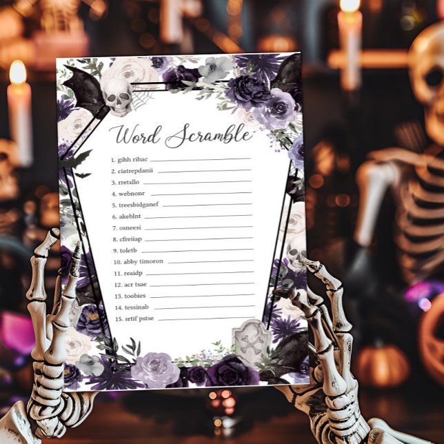 Lila Blommig Gotisk Bokstavsblandningsspel (Floral Gothic Coffin Baby Shower Word Scramble Game)