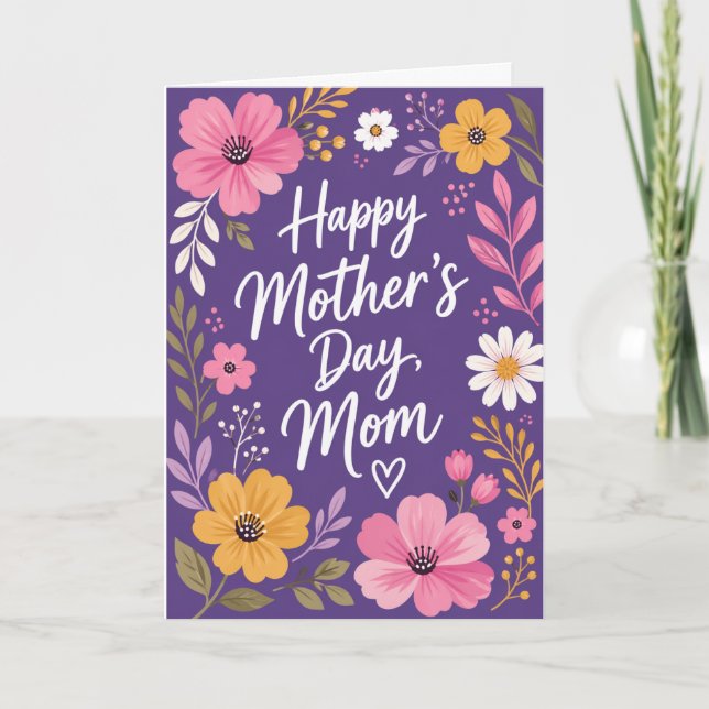Lila Blommig Grattis Mors Dag Kort för Mamma (Framsida)