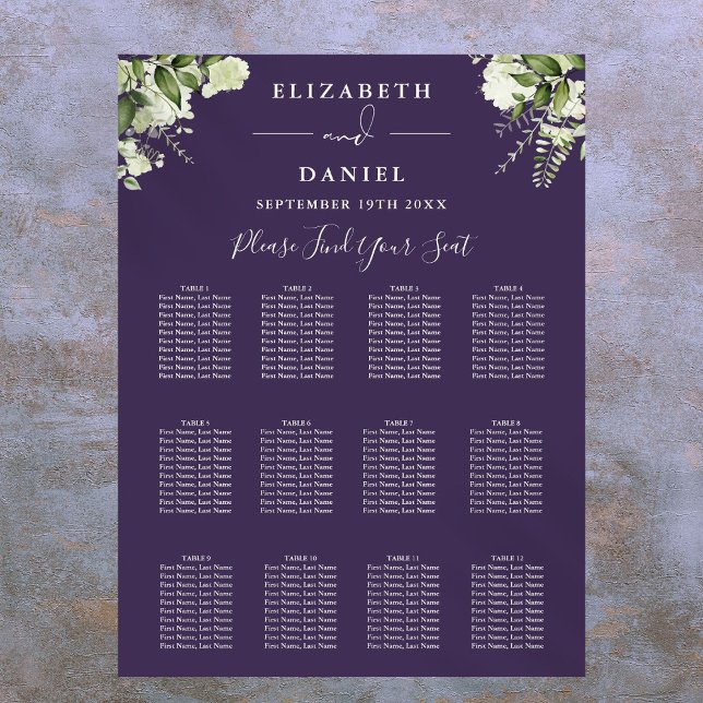 Lila Blommig Grönska Bröllops Sittplatskarta Poster (Purple Floral Greenery Wedding Seating Chart)
