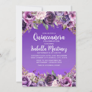 Lila Blommig Guld Glitter Quinceañera Inbjudningar