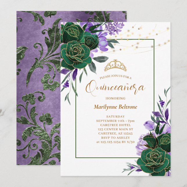 Lila Blommig Guld Quinceañera Inbjudan (Fram/baksida)