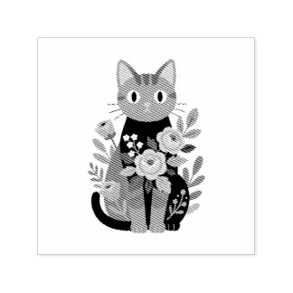 Lila Blommig Kattillustration Självfärgande Stämpel