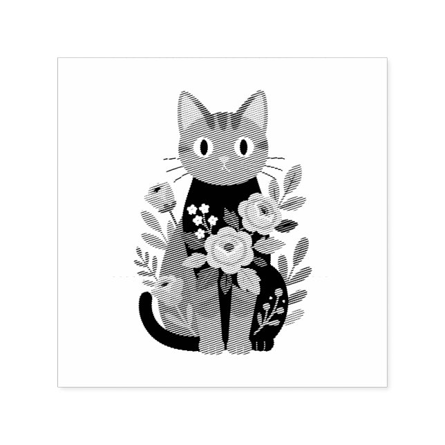 Lila Blommig Kattillustration  Självfärgande Stämpel (Design)