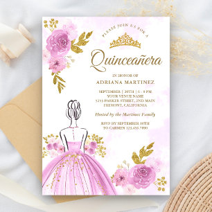 Lila Blommig Klänning Prinsessa Guld Quinceanera Inbjudningar