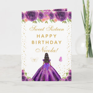 Lila Blommig Mörkhyad Tjej Sweet Sixteen Kort