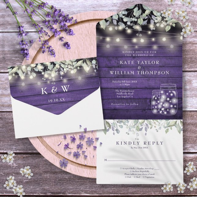 Lila Blommig Murarljus Monogram Bröllop (Purple Floral Mason Jars Lights Monogram Wedding All In One Invitation)