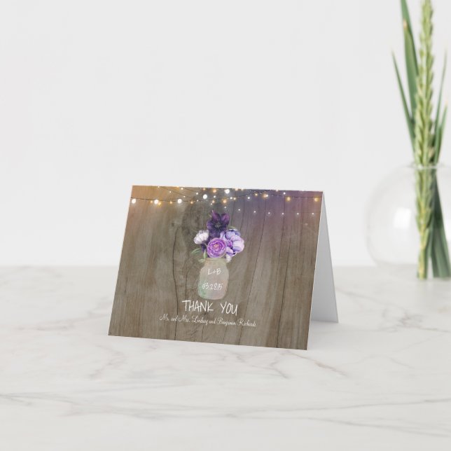 Lila blommig murarvas rustikalt bröllop tack (Framsida)