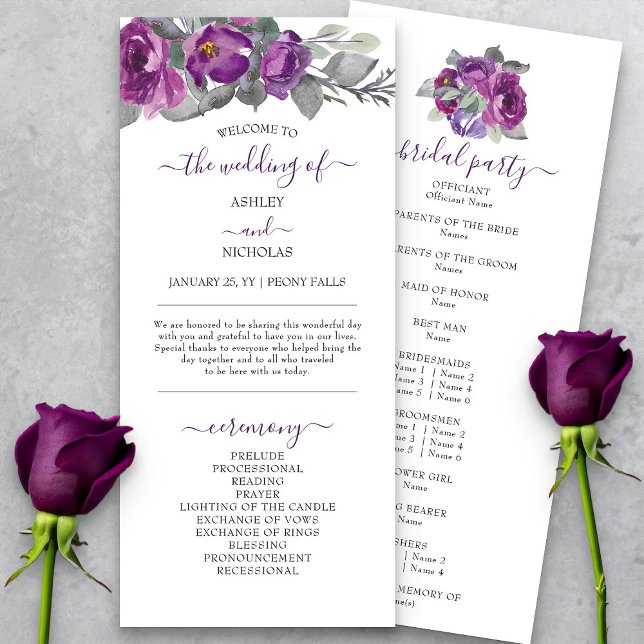 Lila Blommig och Elegant Skrift Bröllopsprogram (Elegant purple floral wedding program from my Plush Purple Wedding Collection )