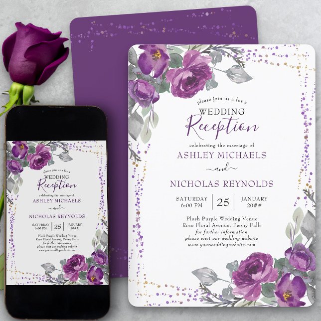 Lila Blommig och Konfettibröllopsmottagning Endast Inbjudningar (Elegant purple floral wedding reception only invitation from my Plush Purple Wedding Collection)