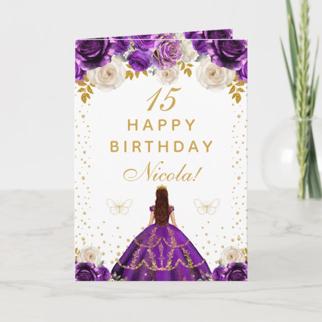 Lila Blommig Prinsessa Grattis på födelsedagen Kort (Framsida)