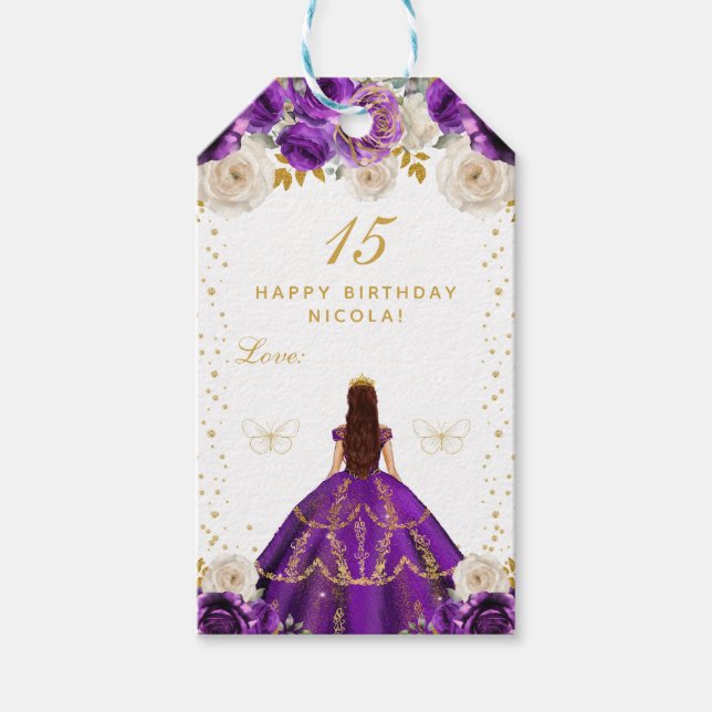 Lila Blommig Prinsessa Grattis på födelsedagen Presentetikett (Framsidan)
