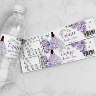 Lila Blommig Prinsessa Silver Quinceañera Quince Vattenflaskor Etikett