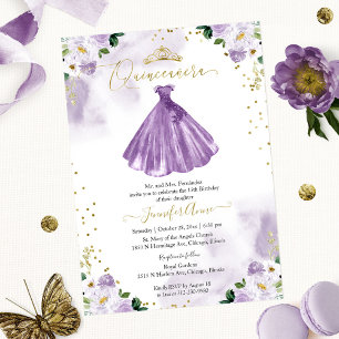 Lila Blommig Quinceanera-inbjudan Tvåspråkig Inbjudningar