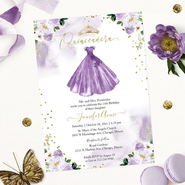 Lila Blommig Quinceanera-inbjudan Tvåspråkig Inbjudningar (Skapare uppladdad)