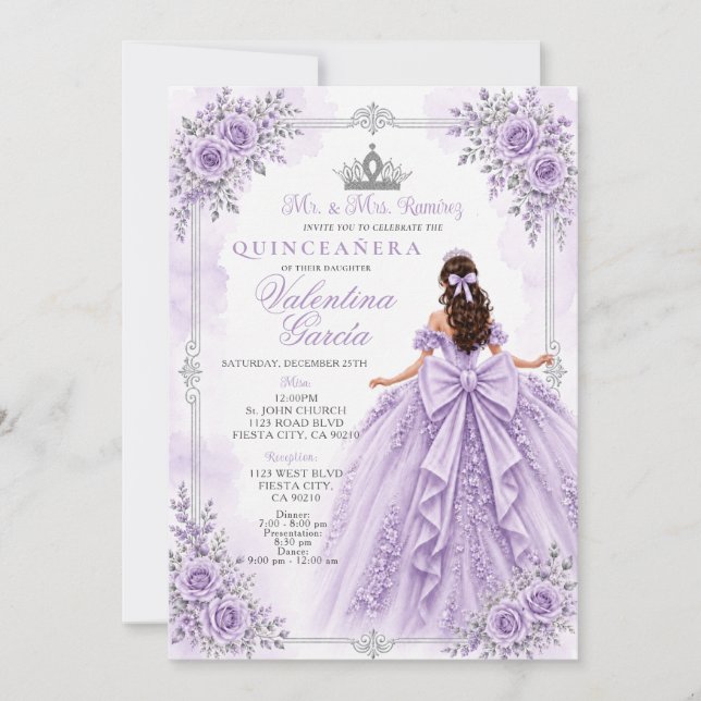 Lila Blommig Quinceañera Inbjudningar (Framsida)