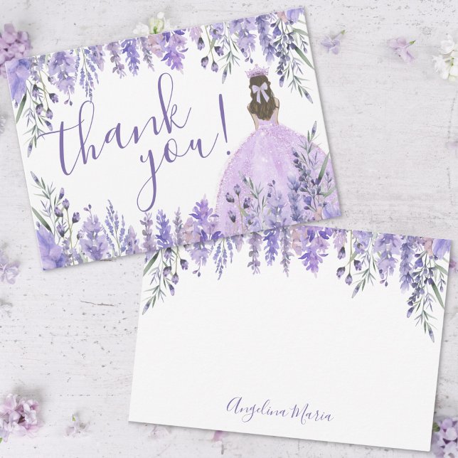 Lila Blommig Quinceañera Tack Kort (Elegant Lavender Floral Purple Quinceañera Thank You Card)