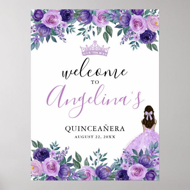 Lila Blommig Quinceanera Välkomstskylt Poster (Framsidan)