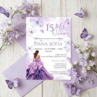 Lila blommig Quincenera-inbjudan spanska Inbjudningar