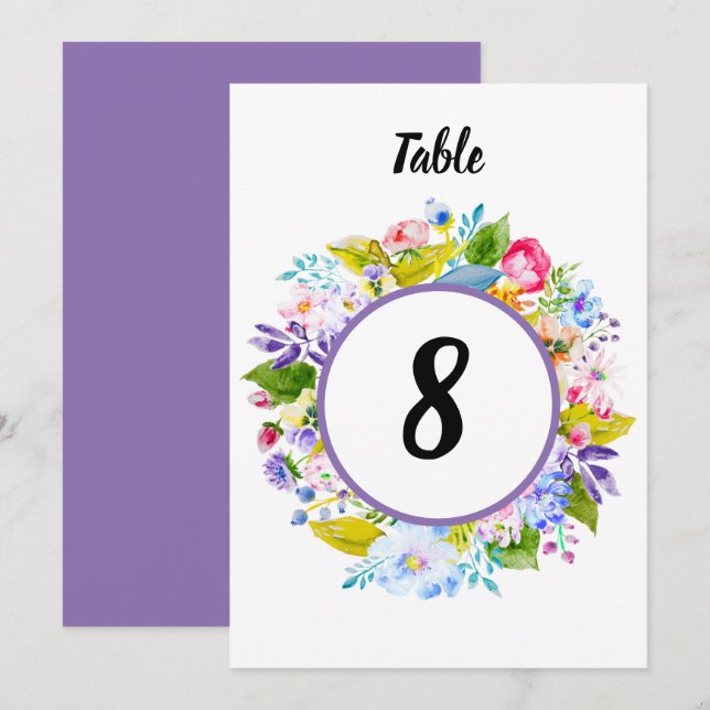 Lila Blommig Romantisk Bröllops Bordnummer Inbjudningar (Fram/baksida)