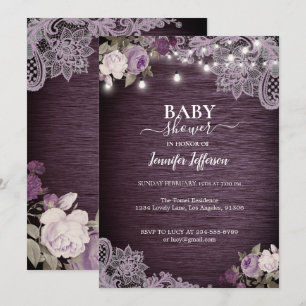 Lila Blommig Rustik Bebis Baby Shower Inbjudningar