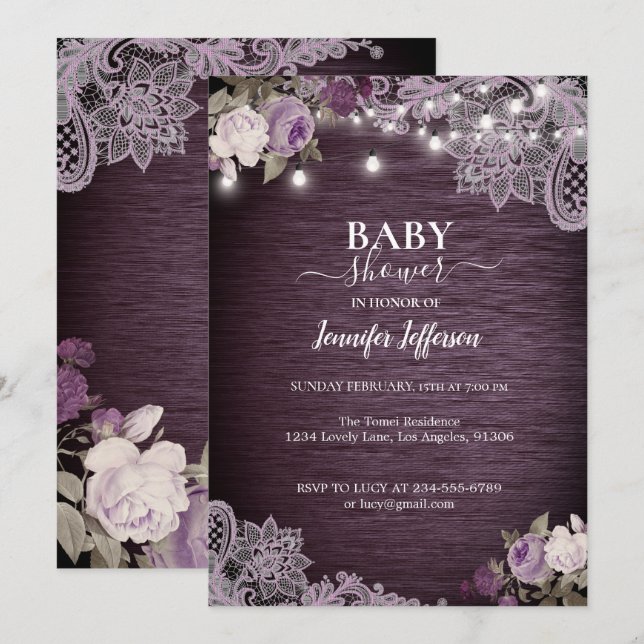 Lila Blommig Rustik Bebis Baby Shower Inbjudningar (Fram/baksida)